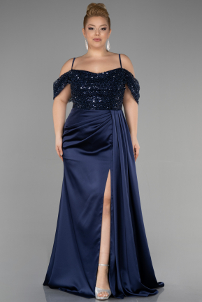 Long Navy Blue Satin Plus Size Evening Dress ABU3522