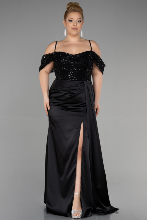 Long Black Satin Plus Size Evening Dress ABU3522