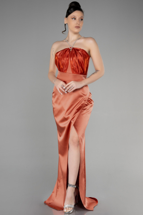 Long Orange Satin Prom Gown ABU3525