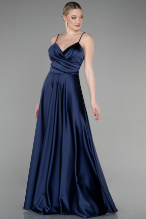 Long Navy Blue Satin Prom Gown ABU3610