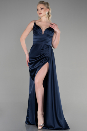 Long Navy Blue Satin Prom Gown ABU3635