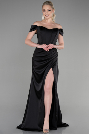 Long Black Satin Prom Gown ABU3640