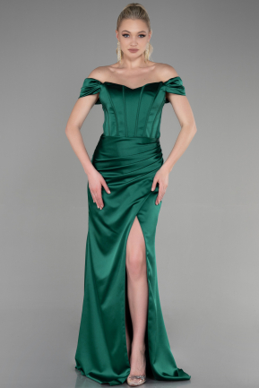 Long Emerald Green Satin Prom Gown ABU3640
