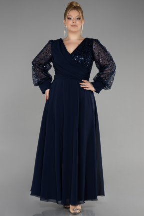 Long Navy Blue Chiffon Plus Size Evening Gown ABU3643