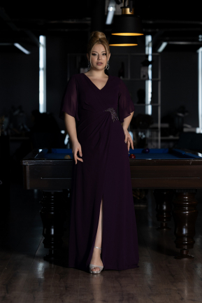 Long Dark Purple Chiffon Plus Size Evening Gown ABU3592