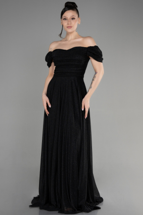 Siyah Kayık Yaka Göğüs Drapeli Uzun Simli Mezuniyet Elbisesi ABU3660