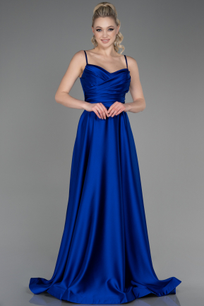 Robe De Soirée Satin Longue Bleu Saxe ABU1601