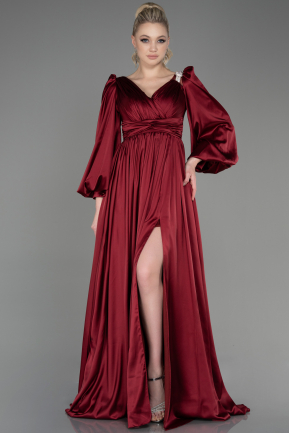 Robe de Soirée Longue Satin Rouge Bordeaux ABU3710