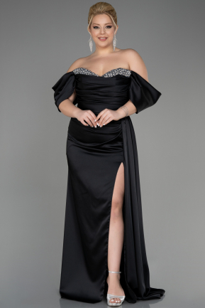 Long Black Satin Plus Size Engagement Dress ABU3655