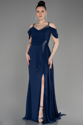 Long Navy Blue Chiffon Plus Size Evening Gown ABU3742