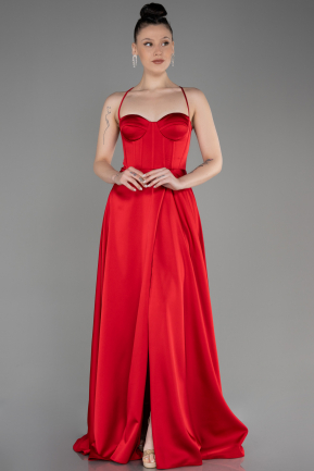 Long Red Satin Prom Gown ABU3809