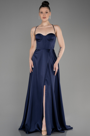 Long Navy Blue Satin Prom Gown ABU3809