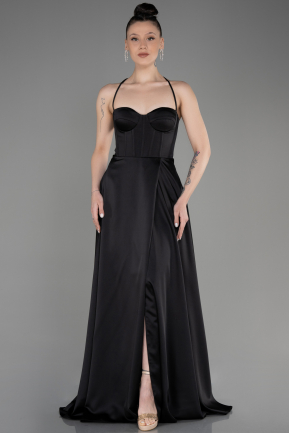Long Black Satin Prom Gown ABU3809