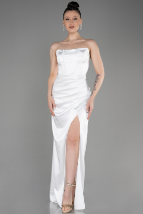 White Long Satin Prom Gown ABU3765