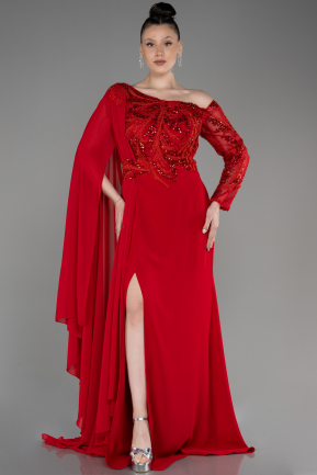 Kırmızı İşlemeli Tek Kol Şallı Büyük Beden Abiye Elbise ABU3512