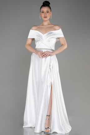 Long White Satin Plus Size Wedding Dress ABU3801
