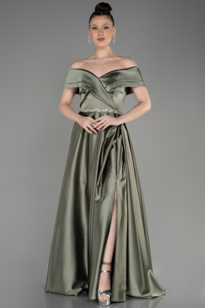 Long Olive Drab Satin Plus Size Wedding Dress ABU3801