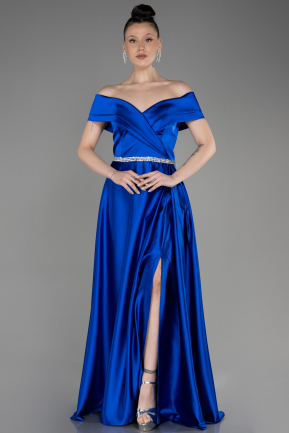 Long Sax Blue Satin Plus Size Wedding Dress ABU3801