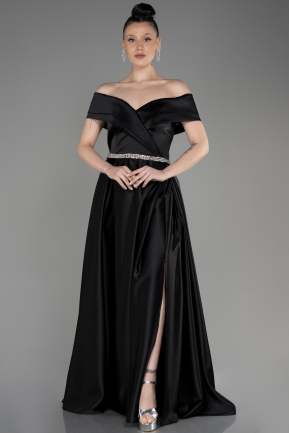 Long Black Satin Plus Size Wedding Dress ABU3801