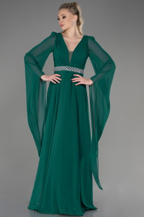 Zümrüt Yeşili Uzun Şal Kol V Yaka Şifon Abiye Elbise ABU3541