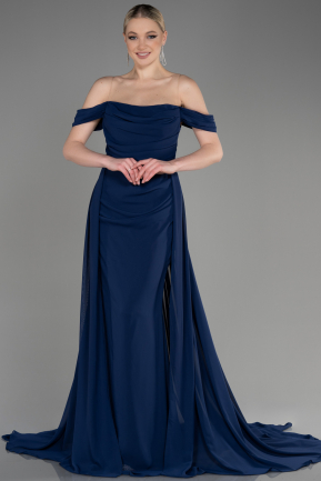 Long Navy Blue Chiffon Formal Plus Size Dress ABU3803