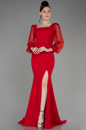 Red Scaly Long Sleeve Slit Evening Dress ABU3852