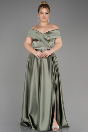 Long Olive Drab Satin Plus Size Wedding Dress ABU3801