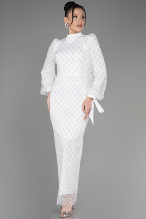 White Beaded Long Sleeve Midi Evening Dress ABK2045