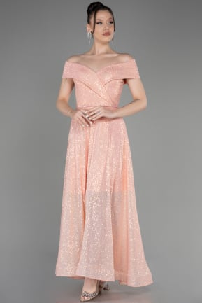 Salmon Off The Shoulder Scaly Midi Evening Dress ABK2048