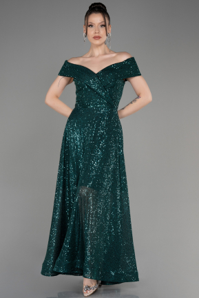Emerald Green Off The Shoulder Scaly Midi Evening Dress ABK2048