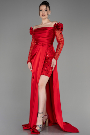 Red Long Sleeve Slit Satin Evening Dress ABU3867
