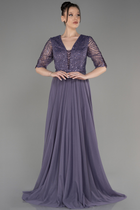 Lavender Glittery Short Sleeve Long Plus Size Evening Dress ABU3844
