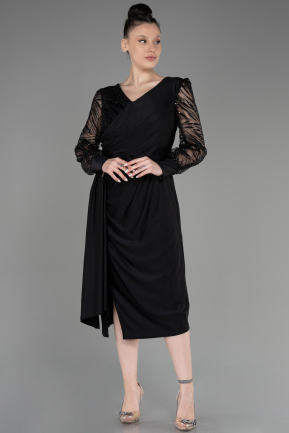 Black Silvery Long Sleeve Midi Plus Size Invitation Dress ABK2053
