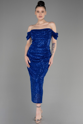 Sax Blue Off Shoulder Midi Sequined Plus Size Evening Dress ABK2056