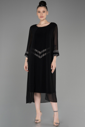 Black Capri Sleeve Midi Chiffon Plus Size Invitation Dress ABK2061