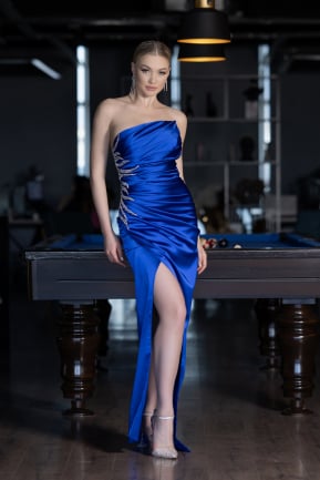 Sax Blue Strapless Long Satin Evening Dress ABU3825
