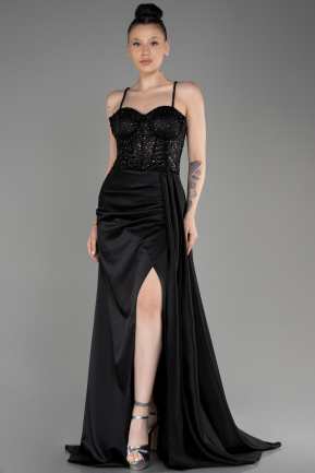 Black Long Satin Evening Dress ABU3875