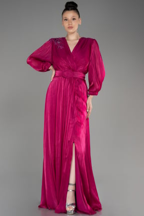 Fuchsia Long Sleeve Belted Chiffon Plus Size Evening Dress ABU3871