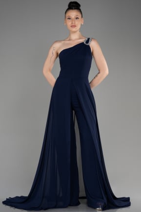 Navy Blue Chiffon Plus Size Evening Dress Jumpsuit ABT119