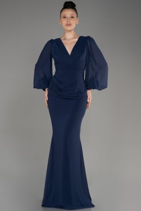 Navy Blue Long Chiffon Plus Size Evening Dress ABU3096