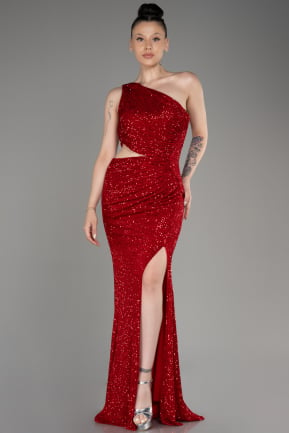 Red One Shoulder Slit Scaly Evening Dress ABU3904