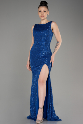 Sax Blue Long Slit Scaly Mermaid Evening Dress ABU3905
