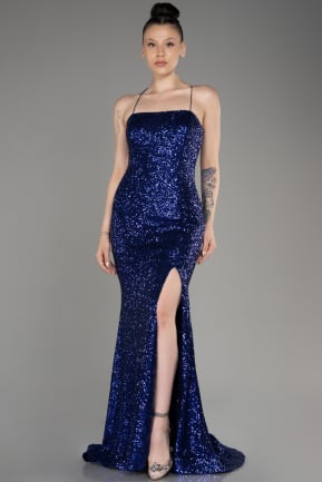 Sax Blue Long Slit Scaly Mermaid Evening Dress ABU3906