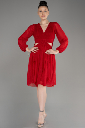 Red Long Sleeve Silvery Short Cocktail Dress ABK2070