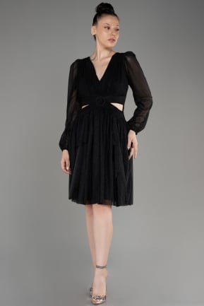 Black Long Sleeve Silvery Short Cocktail Dress ABK2070