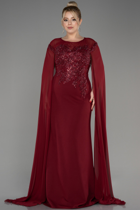 Burgundy Long Chiffon Sleeve Plus Size Evening Dress ABU3913