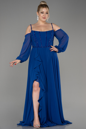 Sax Blue Long Chiffon Slit Plus Size Evening Dress ABU3915