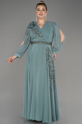 Turquoise Long Sleeve Stone Chiffon Plus Size Evening Dress ABU3917