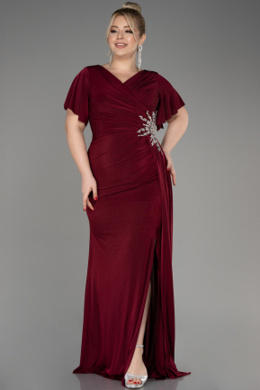 Burgundy Short Sleeve Long Plus Size Evening Dress ABU3918