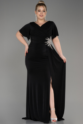 Black Short Sleeve Long Plus Size Evening Dress ABU3918